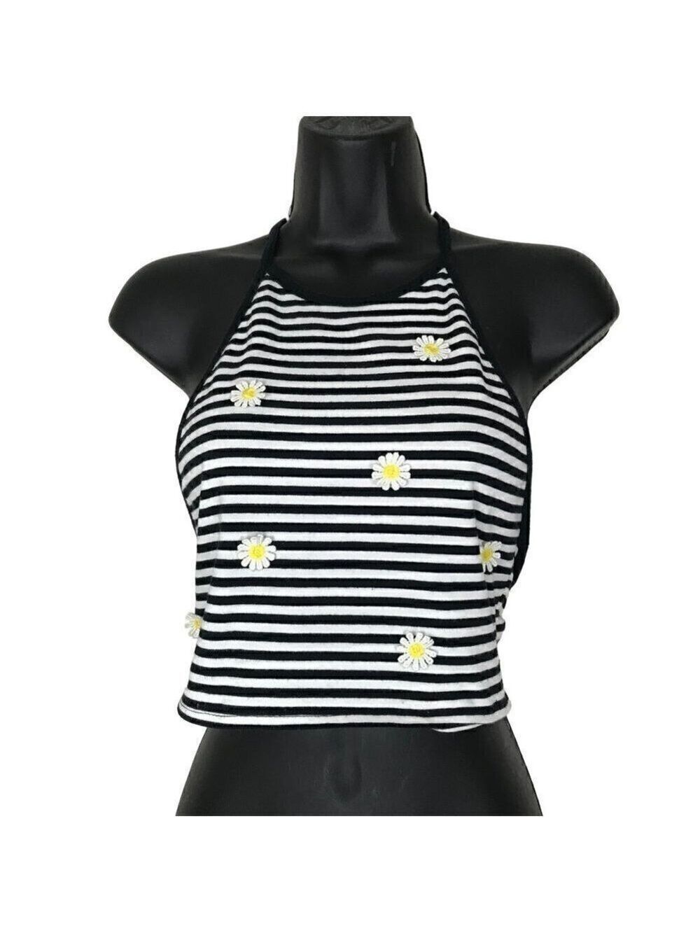 ALMOST Famous Black & White Stripped With Daisies Halter Top  Size S